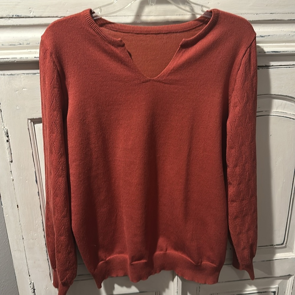 Red orange V-Neck Sweater with Split Neckline